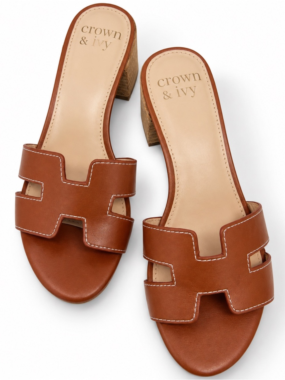 crown & ivy Tan Leather Cutout Slide Heels